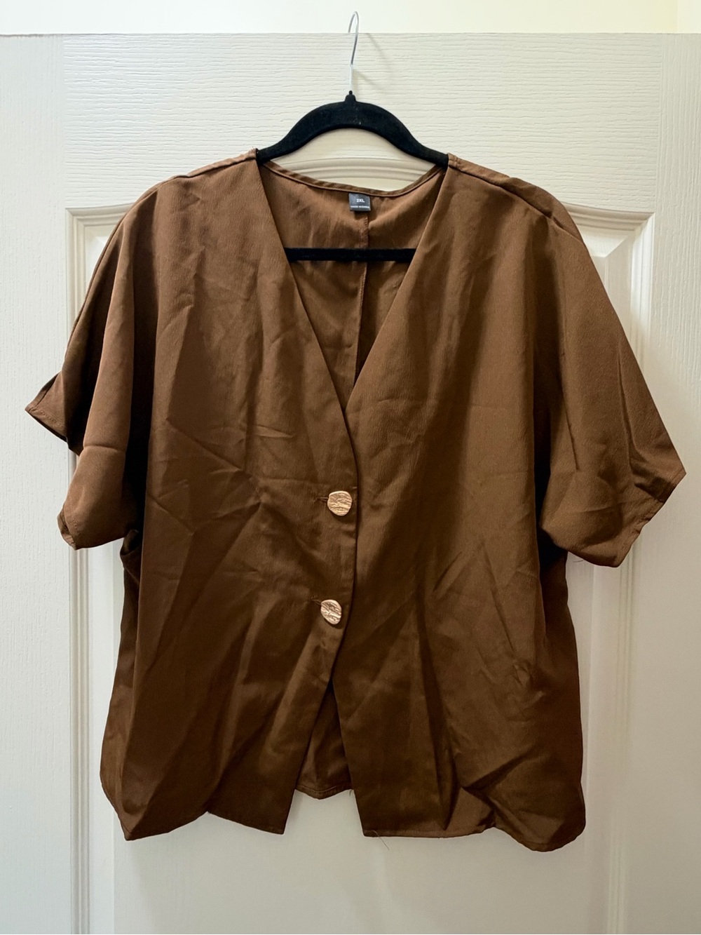 SHEIN Chocolate Brown V-Neck Short Sleeve Button Front Blouse